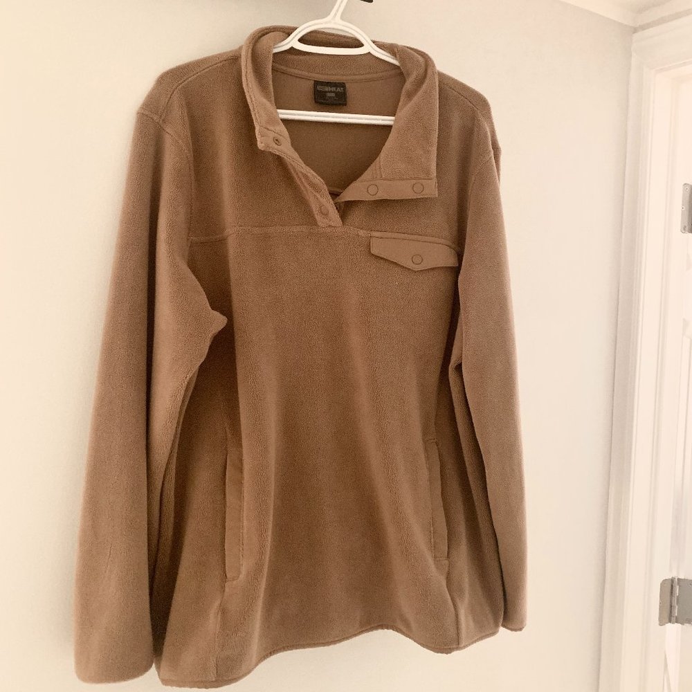 Brown Fleece Snap Button Pullover XXL Pocket Long Sleeve Sweatshirt